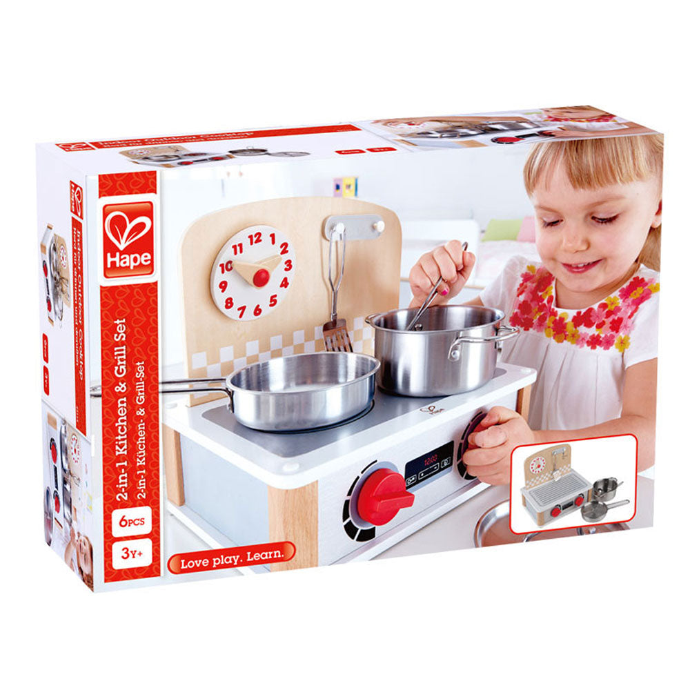 Hape 2-in-1 Child Safe Wood Toy Kitchen and Grill Learning Set (Open Box)