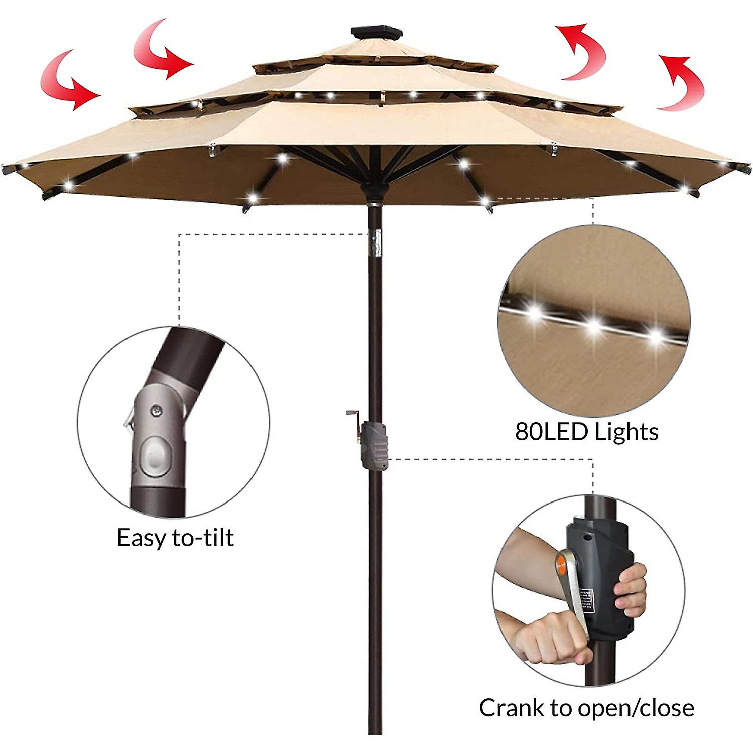 Usa 10-year-non-fading Sunumbrella Solar 9ft 3 Tiers Market Umbrella With 80 Led Lights Patio Umbrellas Outdoor Table With Ventilation，heather Beige