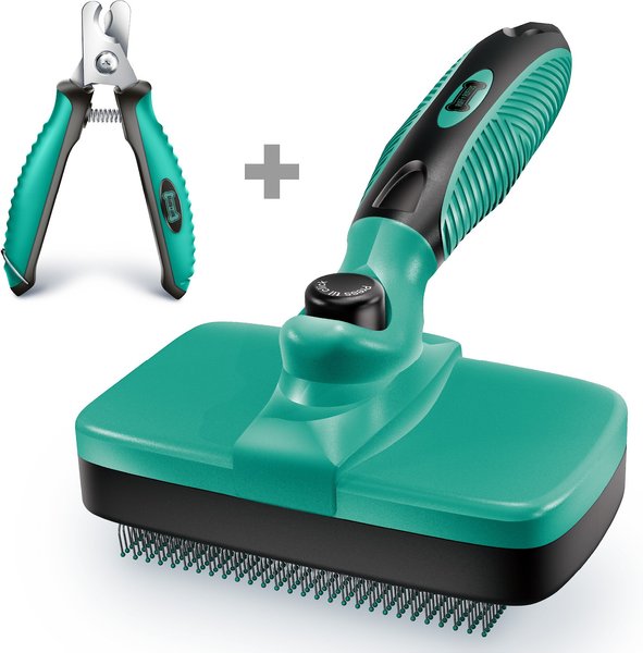 Ruff 'N Ruffus Self-Cleaning Pet Slicker Brush and Nail Clippers， Aqua