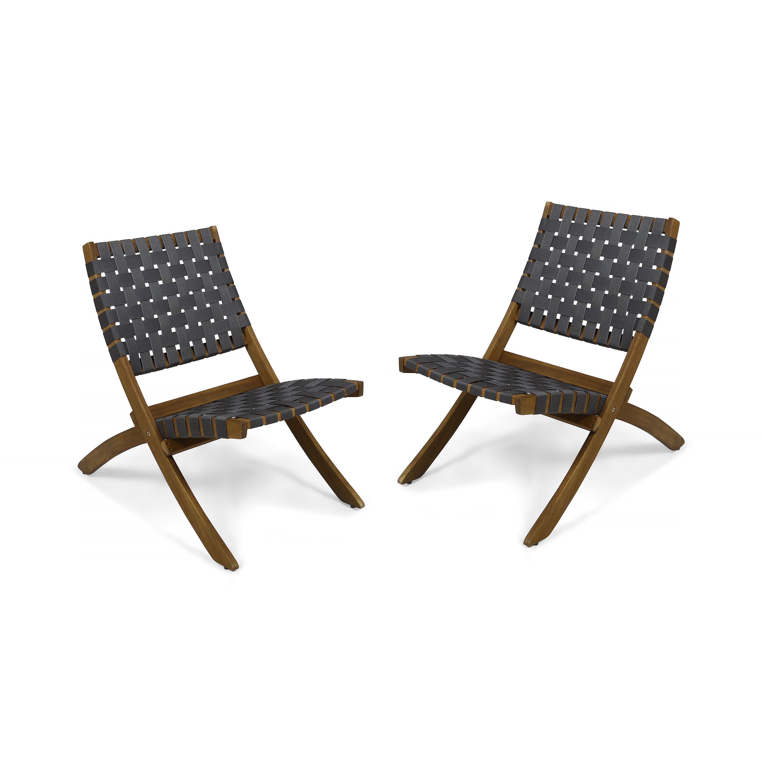 Riley Outdoor Acacia Wood Foldable Chairs (Set of 2), Brown Patina and Gray Straps