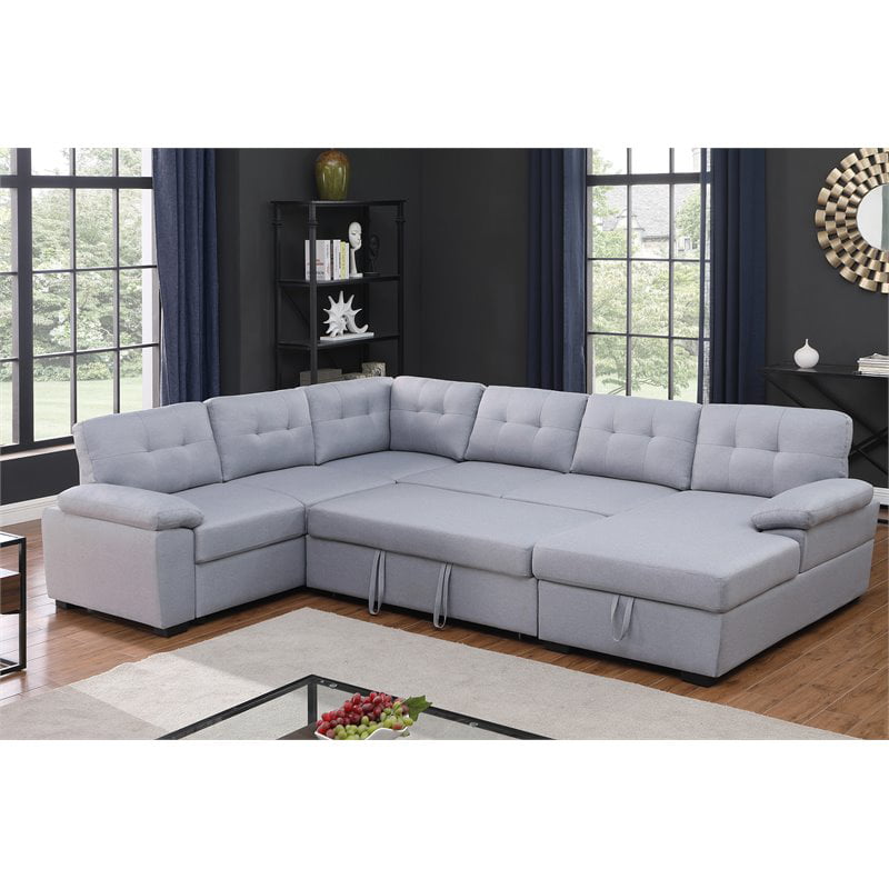 Alexent 5-Seat Modern Fabric Sleeper Sectional Sofa with Storage in Ash