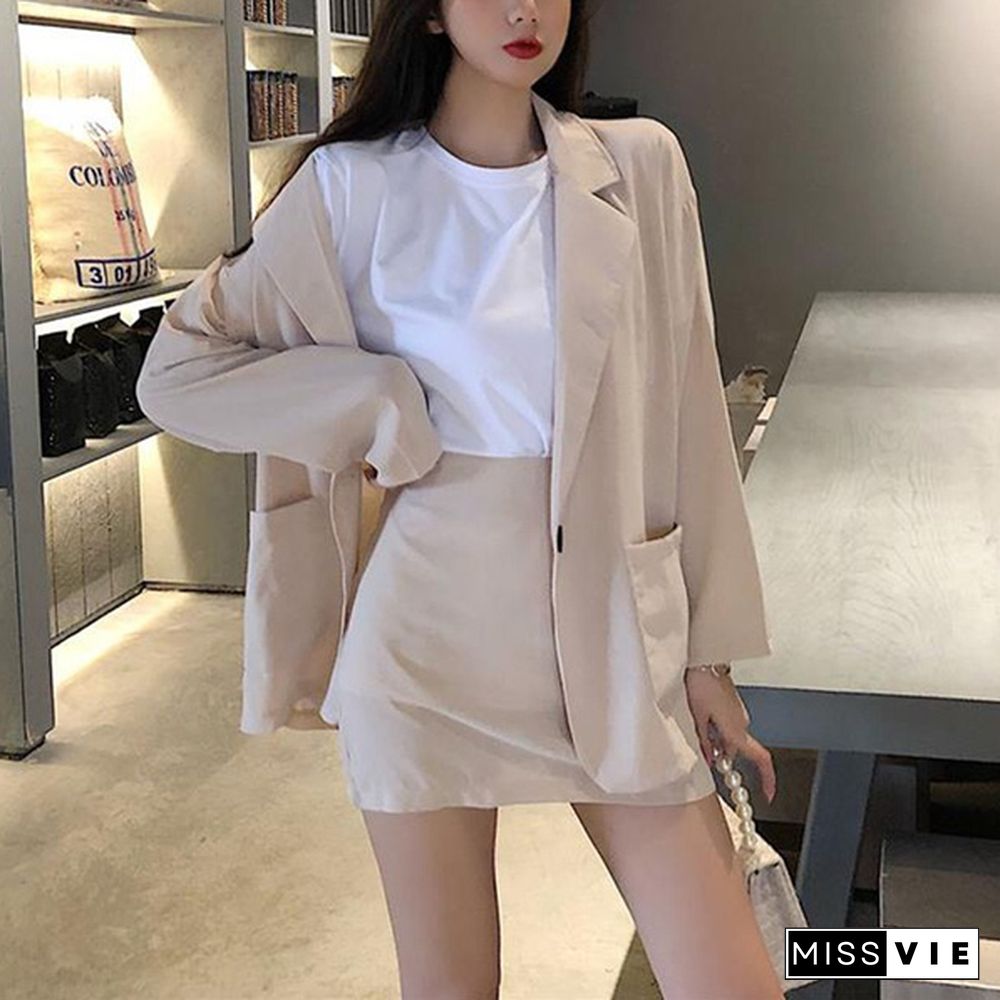 Fashion Women Skirt Suits One Button Notched Spring Blazer Jackets Slim Mini Skirts Two Pieces Ol Sets Female Outfits