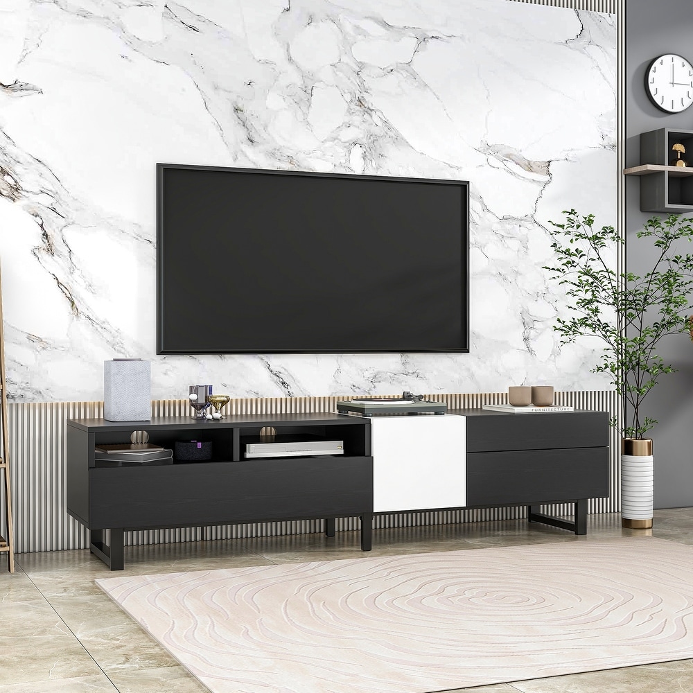 Contemporary TV Stand for 80 inch TVs   Double Storage Space  Modern Minimalist Style  Drop Down Doors  Cable Management