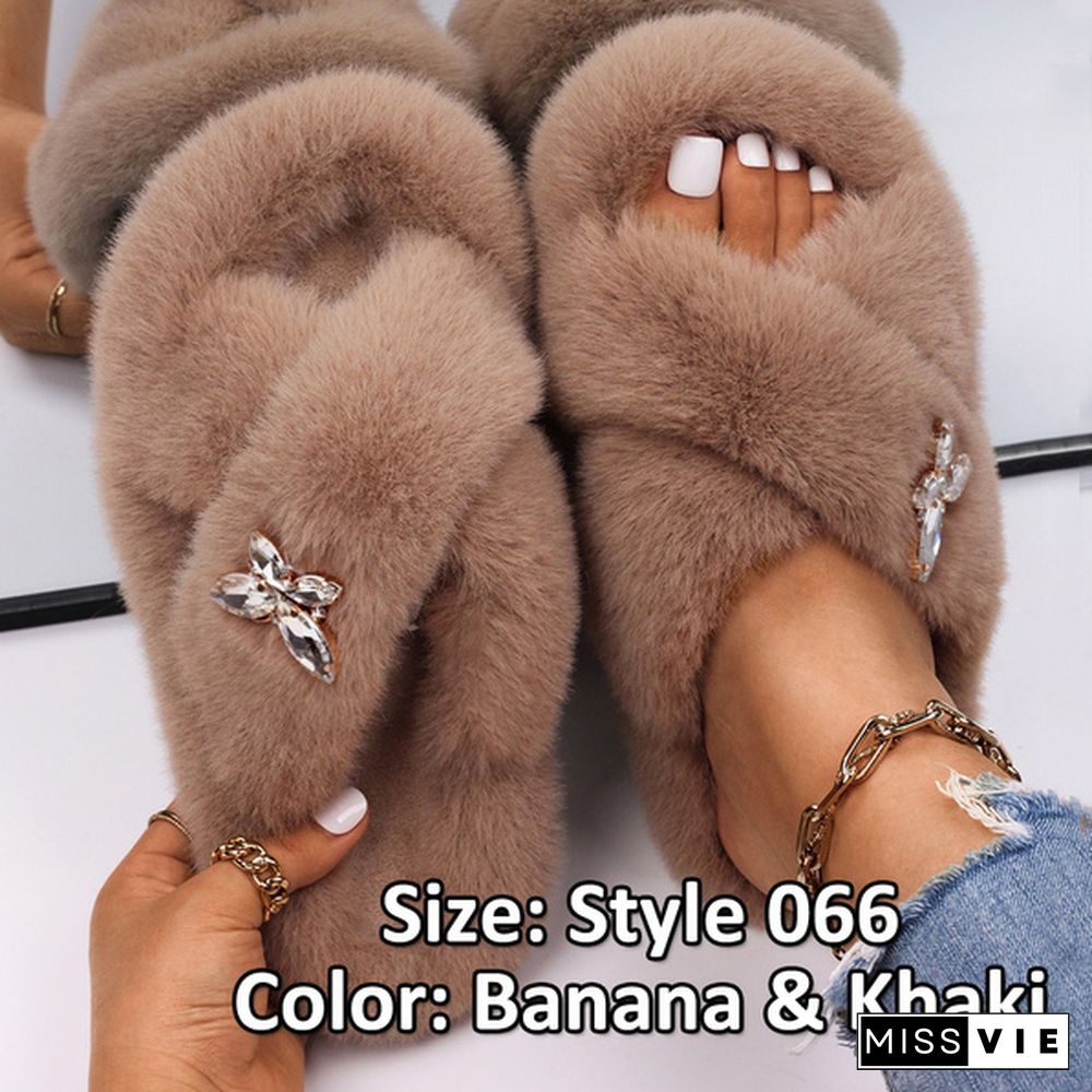 Fluffy Warm Women Home Slippers Fur Rhinestone Crystal Platform Shoes Indoor Flip Flops Female Soft Casual Slides Cotton Fur Slippers