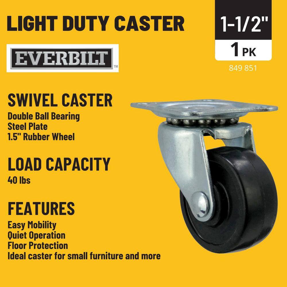 Everbilt 1-12 in. Black Soft Rubber and Steel Swivel Plate Caster with 40 lb. Load Rating 49489