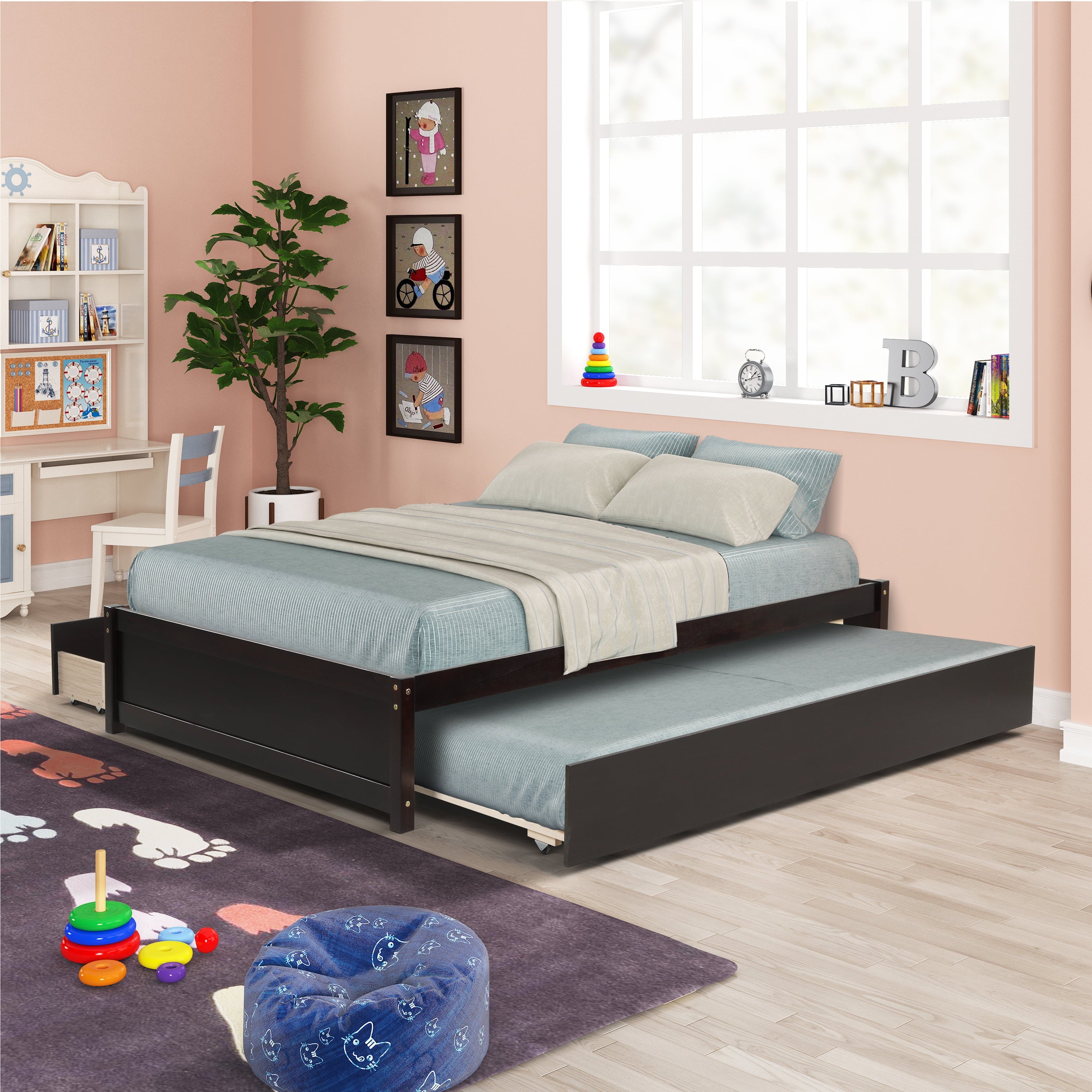 Ouyessir Full Size Platform Bed, Solid Wood Full Size Bed Frame with Twin Size Trundle Bed and 2 Storage Drawers,Storage Bed for Kids Teens Bedroom,No Spring Box Needed (Espresso)