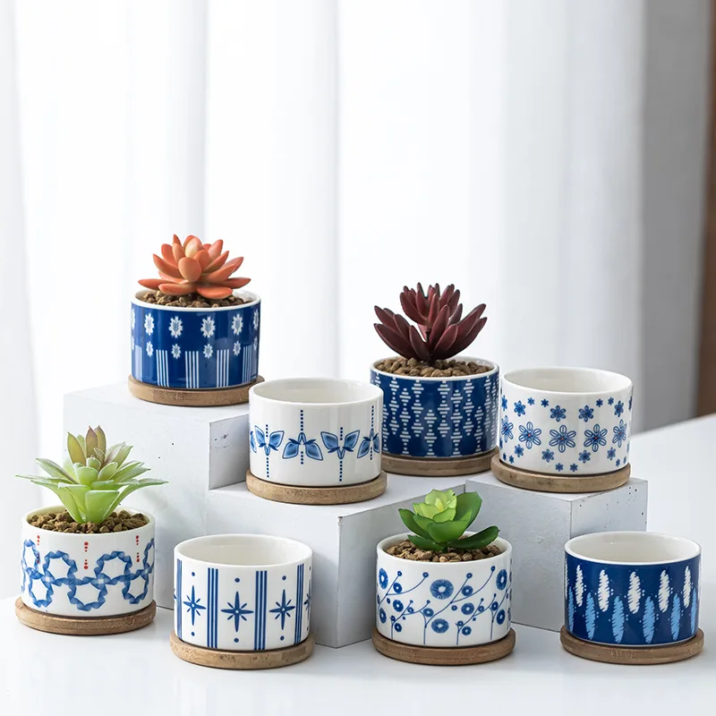 Chinese Factory Garden Supplies Unique Large Italian Ceramic Blue and White Planter Plant Pot Small Wooden Ceramics Flower Pot