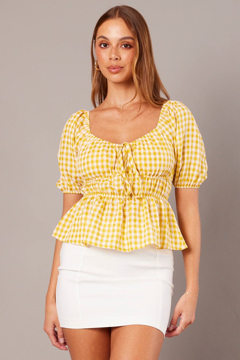 Yellow Check Ruched Peplum Top Short Sleeve