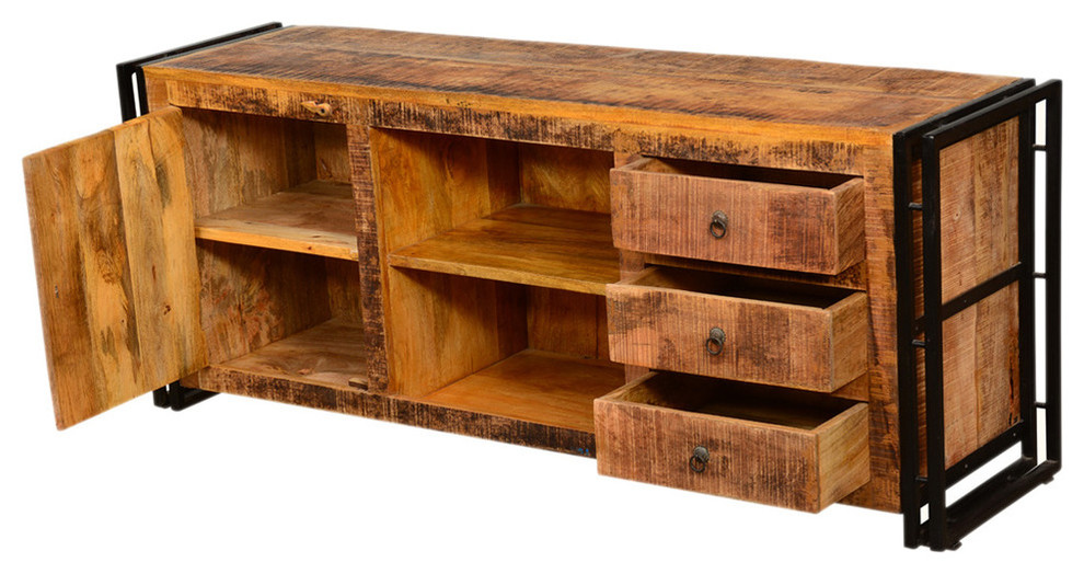 Farmingdale Pioneer Rustic Mango Wood TV Stand Media Console Cabinet   Industrial   Entertainment Centers And Tv Stands   by Sierra Living Concepts Inc  Houzz