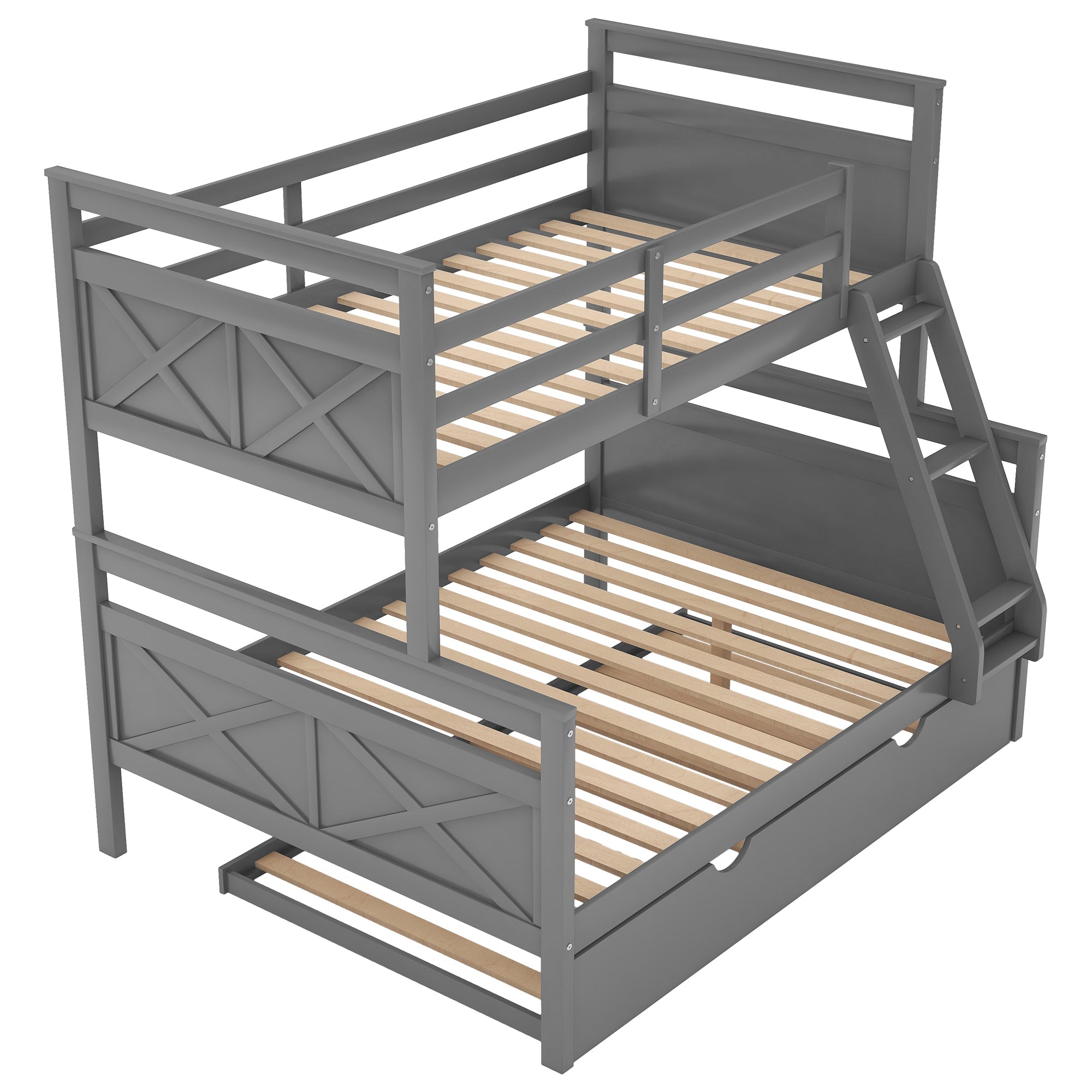 Euroco Wood Twin over Full Bunk Bed with Trundle for Kids & Adults Bedroom, Gray