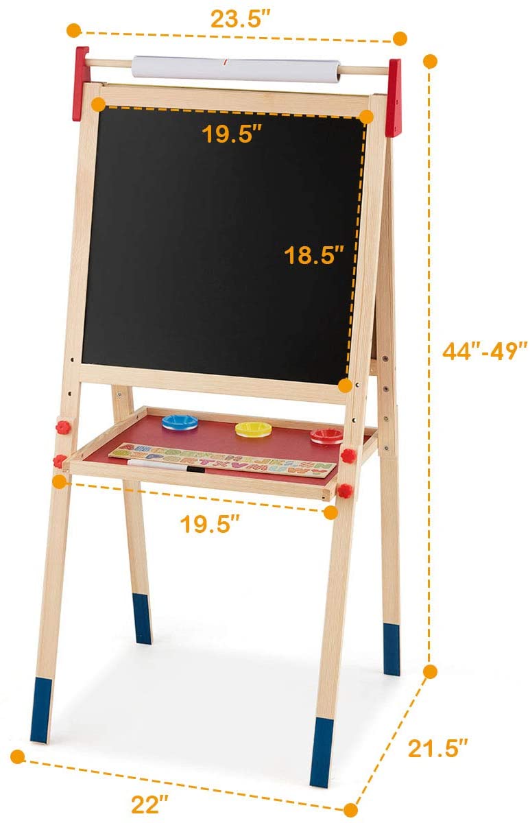 Costzon 3 in 1 Kids Art Easel with Paper Roll, Double Sided Adjustable Chalkboard & White Dry Erase with 4 Drawing Board Clips