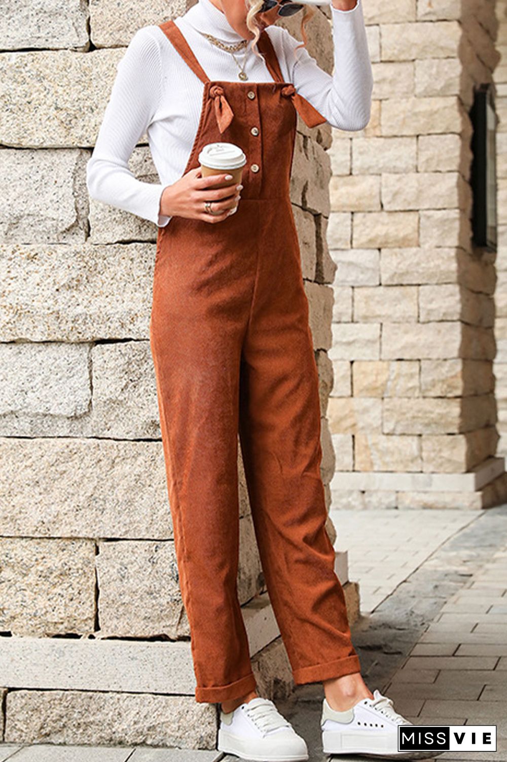 Brown Corduroy Tie Strap Button Down Jumpsuits