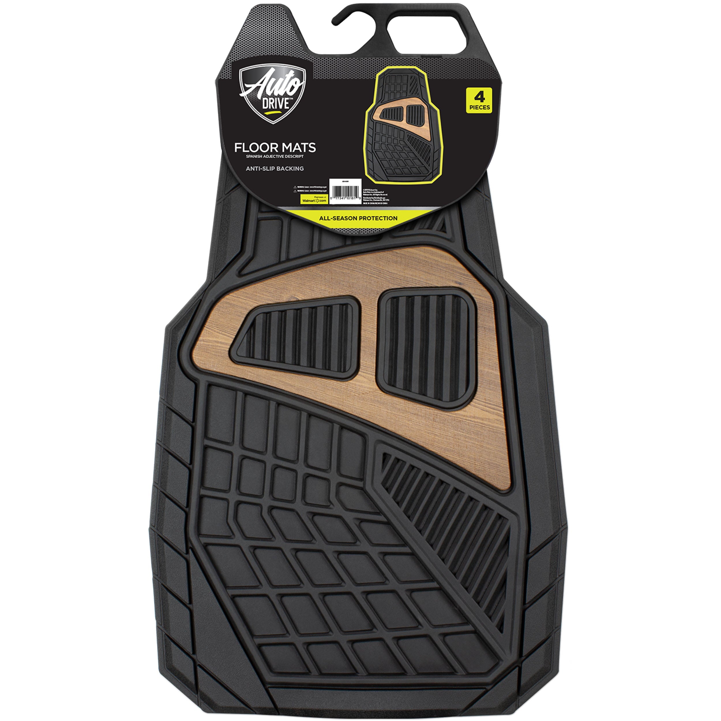 Auto Drive 4 Piece Rubber Floor Mat Black with Burlwood Accent， 80010WDI