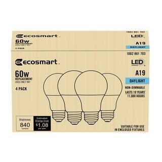 EcoSmart 60-Watt Equivalent A19 Non-Dimmable LED Light Bulb (5000K) Daylight (4-Pack) B7A19A60WUL34