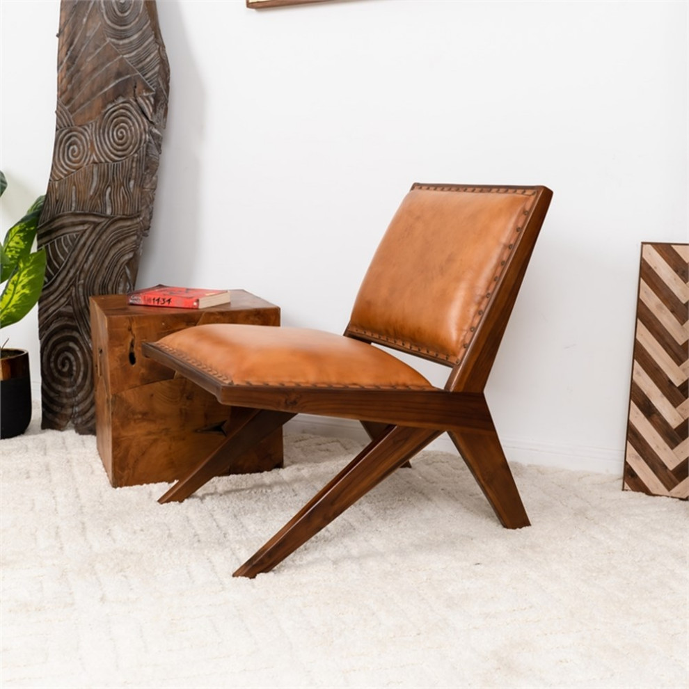 Saban Mid Century Modern Furniture Style Wide Top Leather Tan Comfy Armchair   Midcentury   Armchairs And Accent Chairs   by Homesquare  Houzz