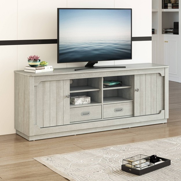 Tv Stand With Built in Sliding Doors Storage Cabinet For Tvs Up To 70 quot Saw Cut Off white Festivo