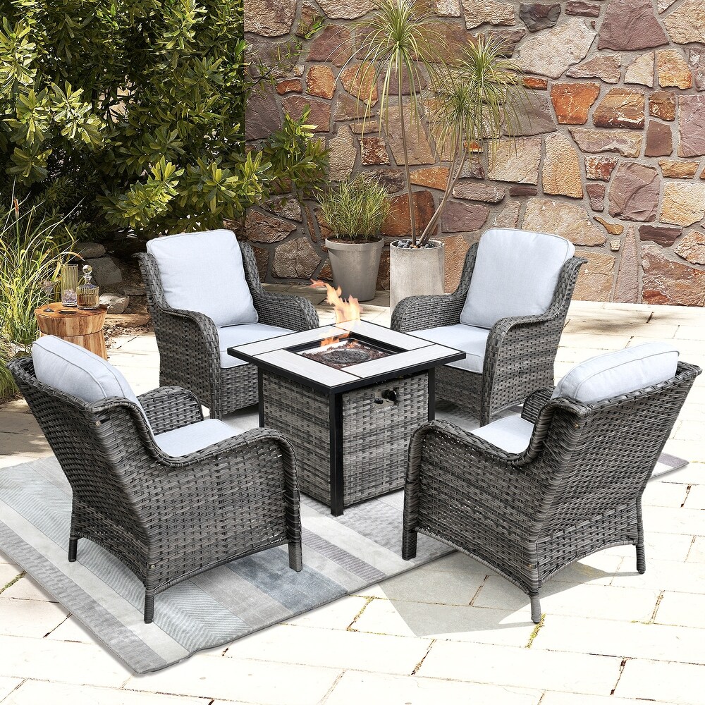 OVIOS Rattan Wicker 5 piece Patio Furniture Set Single Chairs With Fire Pit