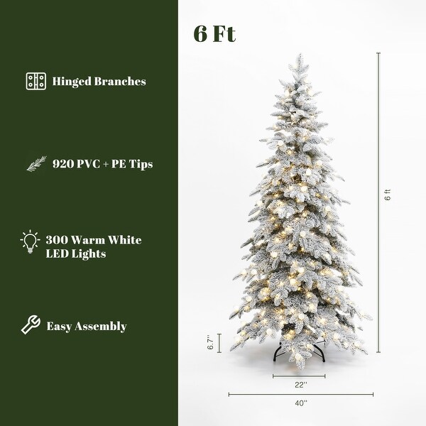 6Ft Prelit Hinged Snow Flocked Artificial Christmas Tree with Adjustable Lights