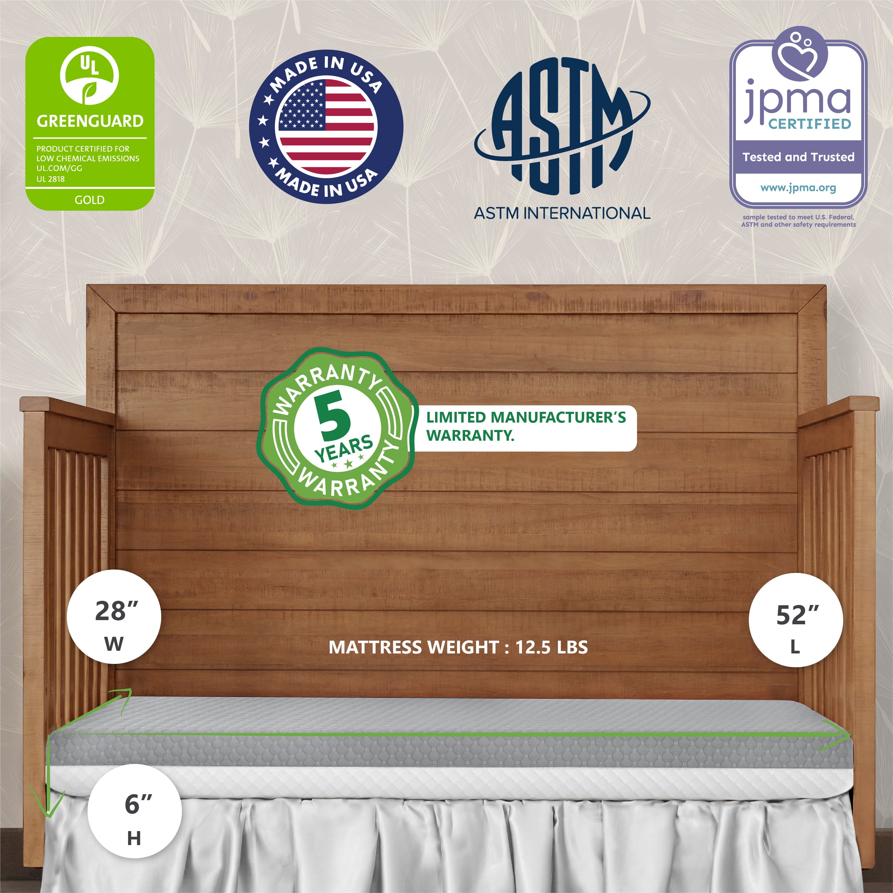 Dream on Me Pure Zen 2 in 1 Crib & Toddler Mattress, Greenguard Gold Certified