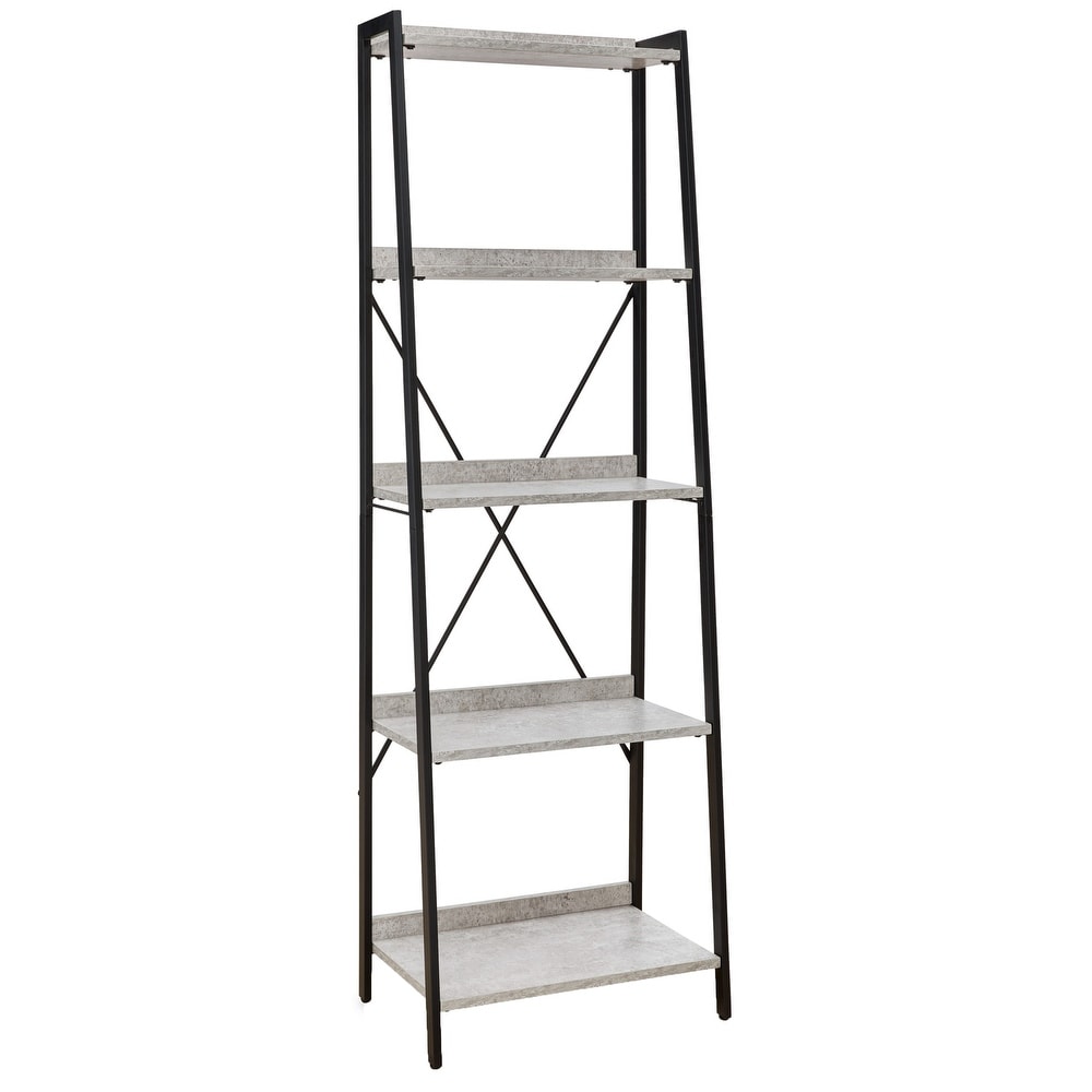 70 Inch Freestanding Bookcase  5 Concrete Melamine Shelves  Metal Frame