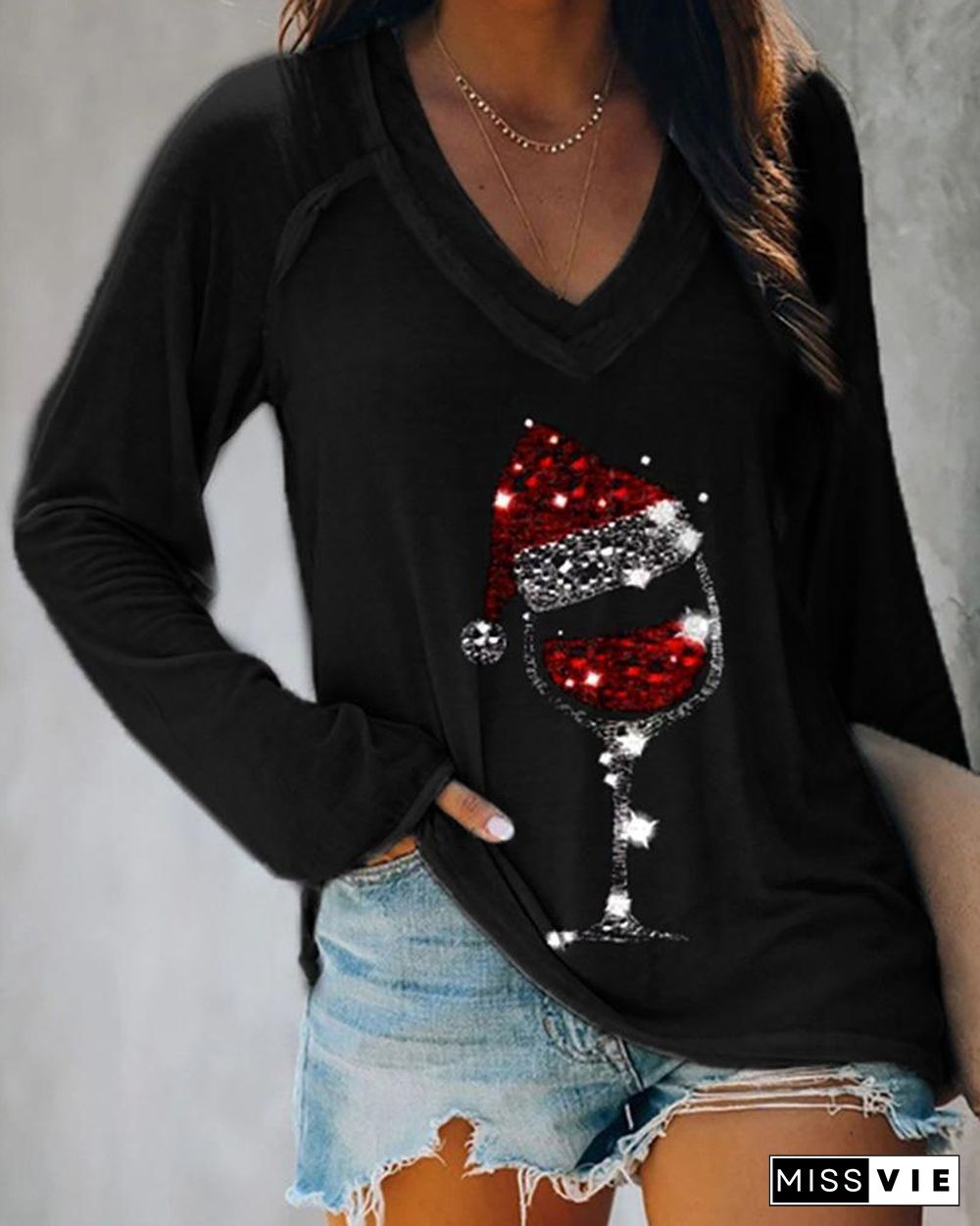 Christmas Wine Glass Print Casual Sweatshirt P10841