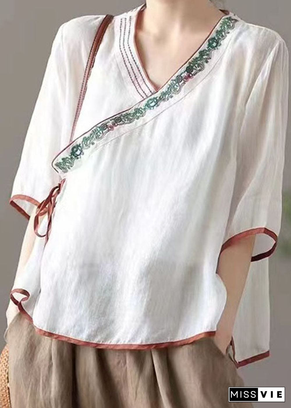 White Patchwork Linen Shirt Embroideried Lace Up Half Sleeve