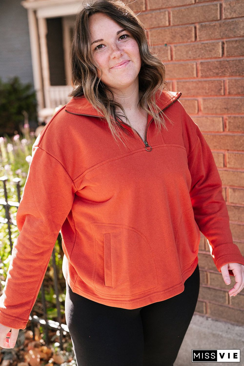 Orange O-ring Zipper Pocketed Plus Size Sweatshirt