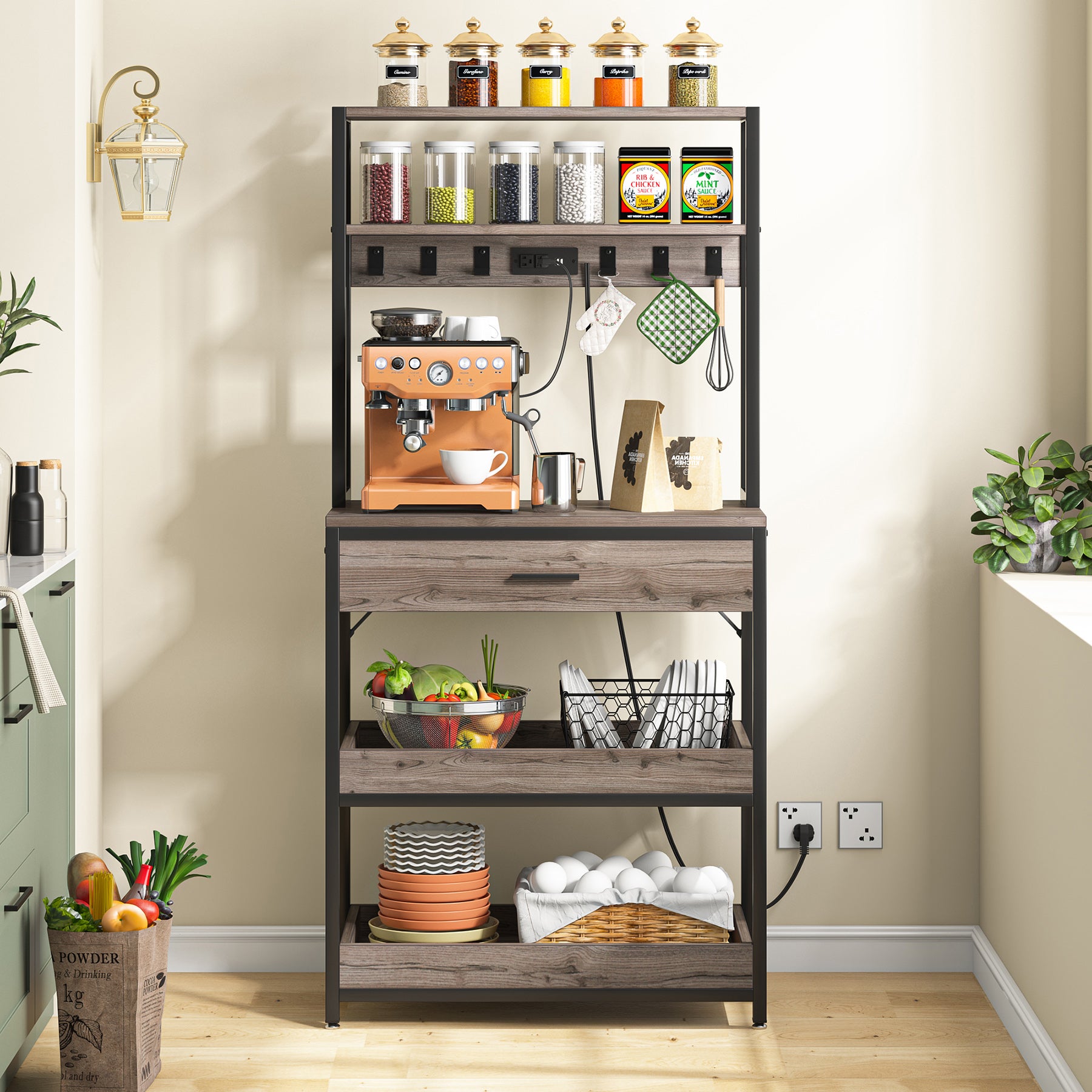 Tribesigns Kitchen Bakers Rack with Power Outlets， 5-Tier Microwave Oven Stand with Drawer and Sliding Shelves， Freestanding Coffee Bar， Kitchen Storage Shelf Organizer with 6 Hooks， Retro Gray