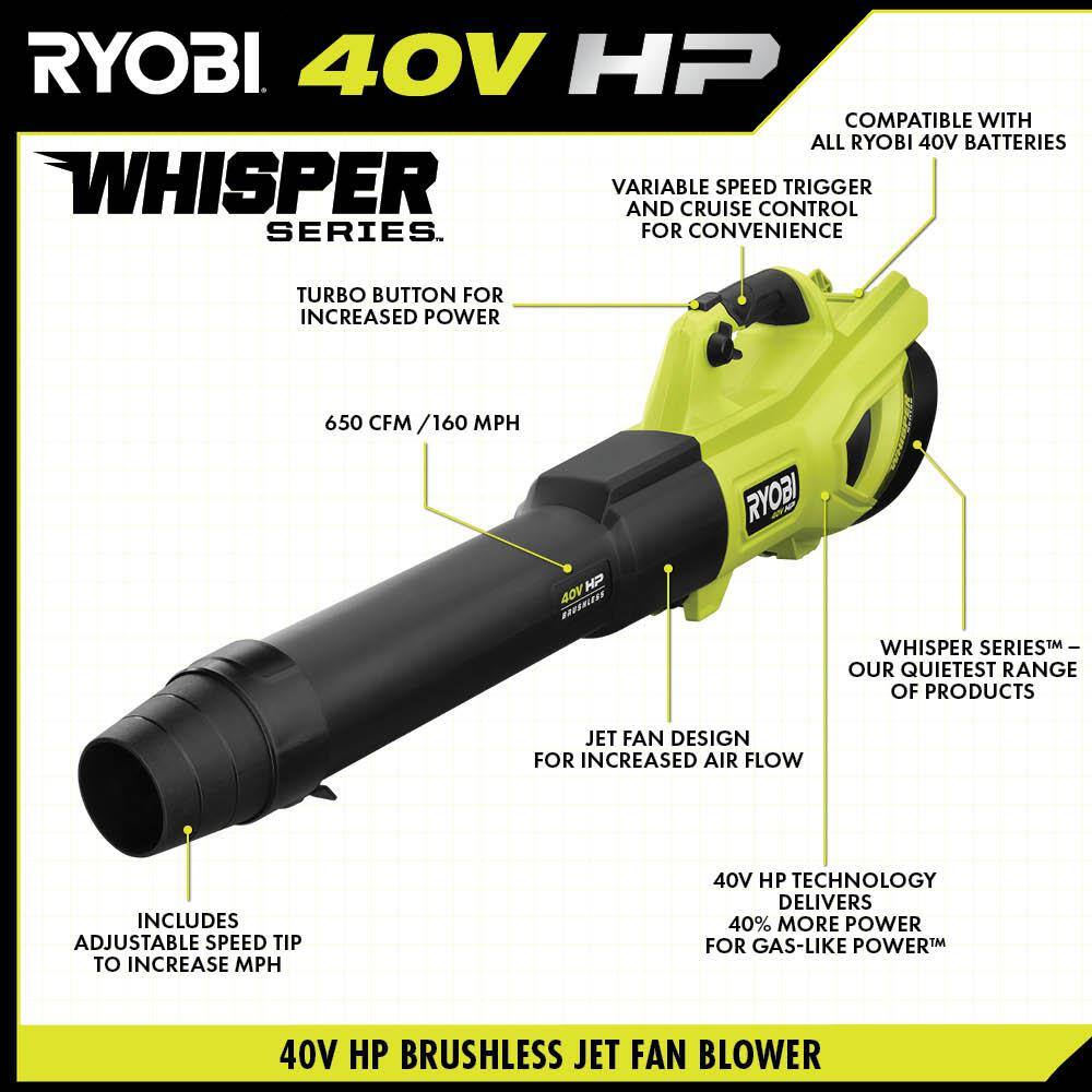 RYOBI 40V HP Brushless Whisper Series 160 MPH 650 CFM Cordless Battery Leaf Blower with 6.0 Ah Battery and Charger RY404140