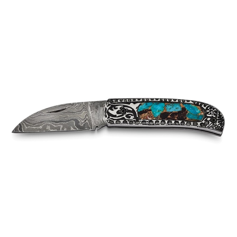 Curata Damascus Steel 256 Layer Folding Blade Turquoise Handle Knife Leather Sheath Wooden Gift Box