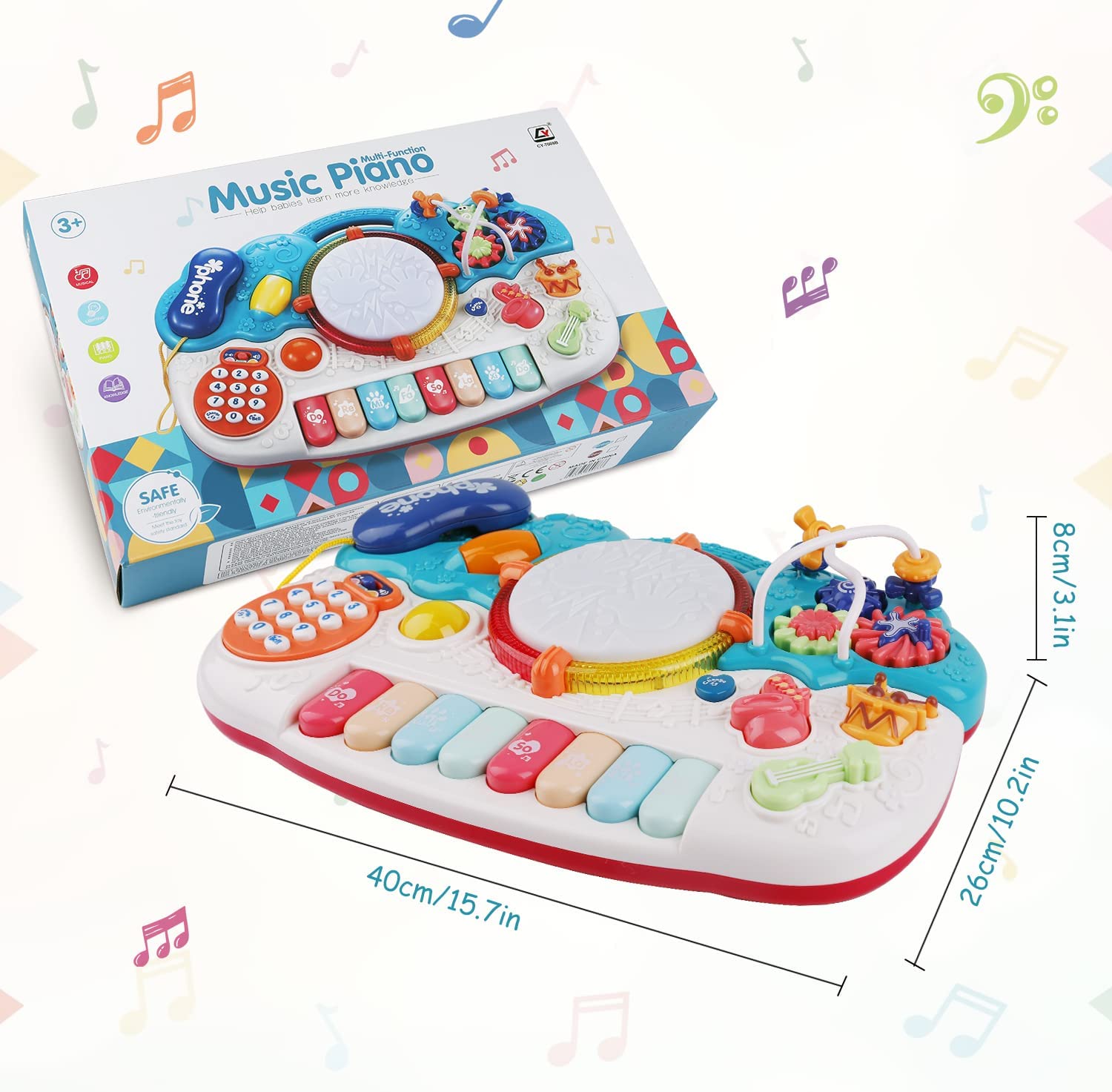 Musical Toys for Toddlers 1-3 ， 6 in 1 Multifunction Baby Musical Toys Piano Drum Set Bead Maze Gear Kids Phone Toys Electronic Learning Toys for Baby Infant Toddler Birthday Gifts for Kids