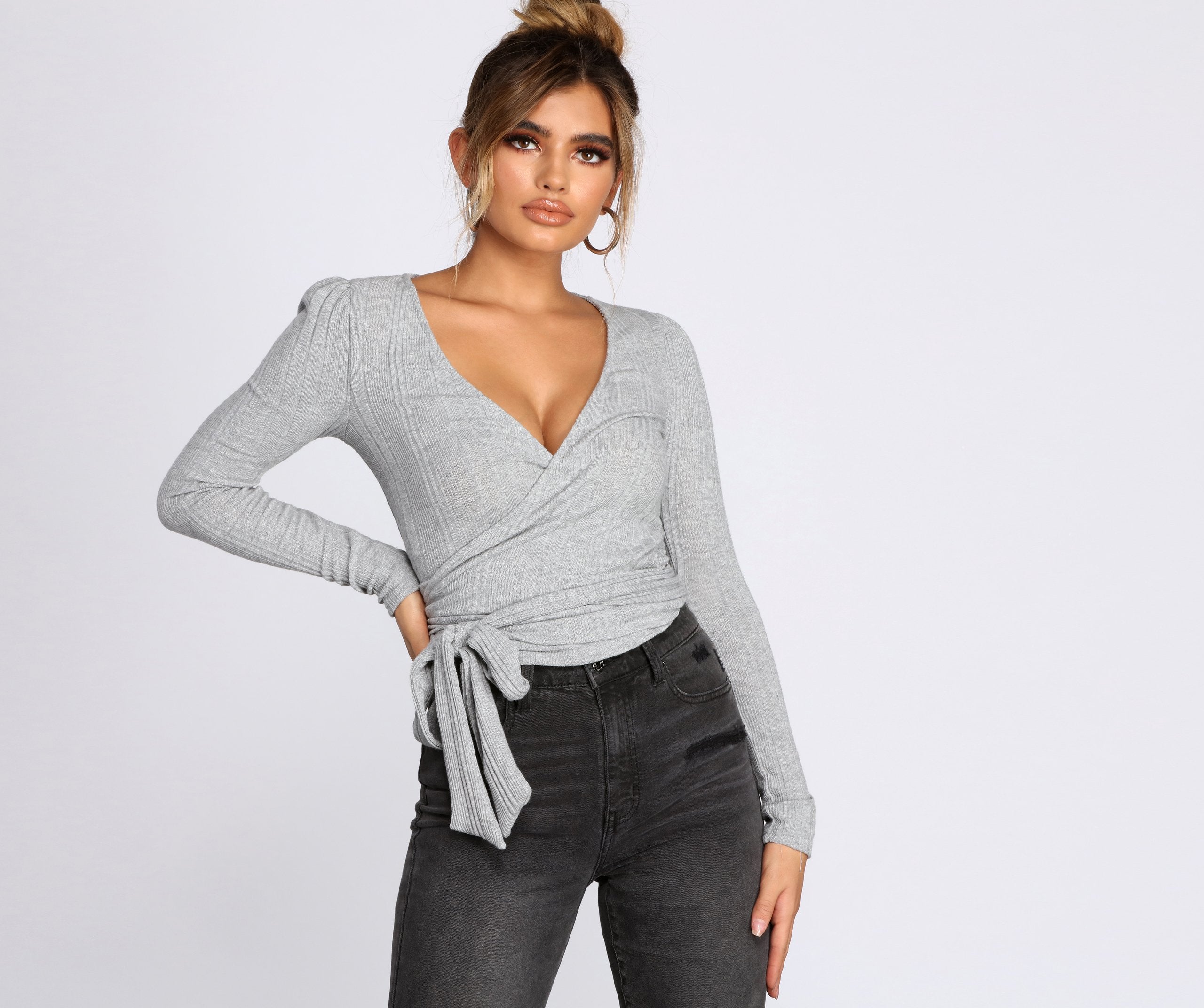 CLEARANCE - Ribbed Knit Wrap Front Top