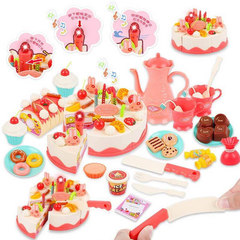 Mundo Toys Cutting DIY Pretend Play Birthday Cake Dessert Food Set Toy Multicolor with Candles， 82 Pieces