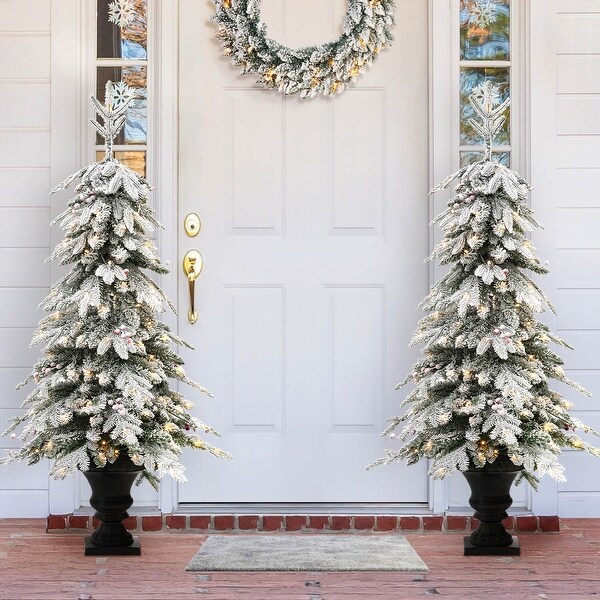 Glitzhome 4FT/5FT PreLit Flocked Fir Artificial Christmas Potted Porch Trees