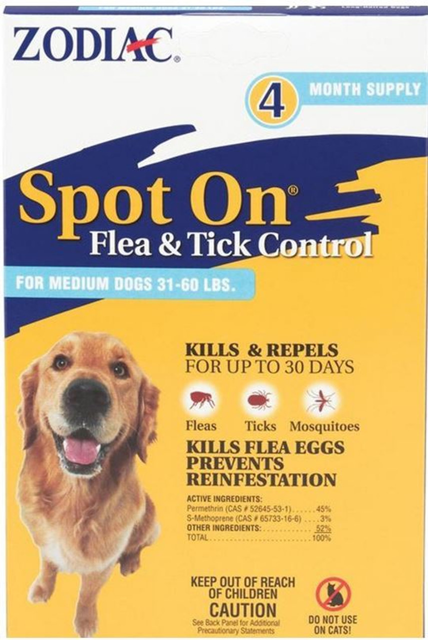 Zodiac Spot On Flea and Tick Control for Dogs 31-60 Pounds， 4 Pack