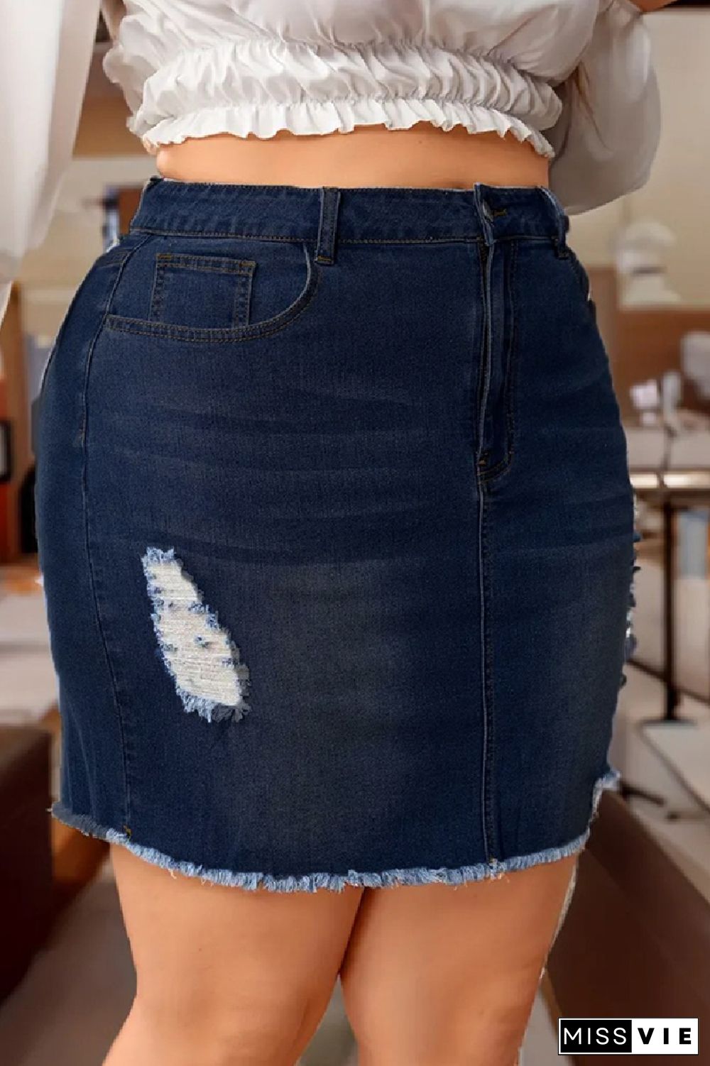 Deep Blue Casual Solid Ripped Plus Size High Waist Denim Skirt