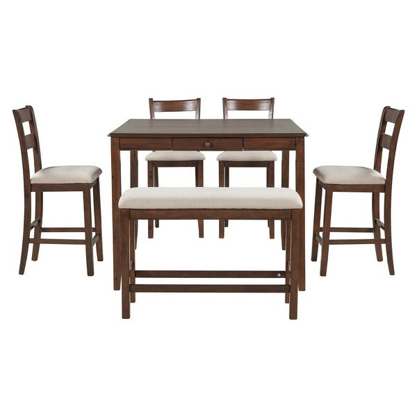 Wood Counter Height Kitchen Set with 4 Upholstered Chair and Bench