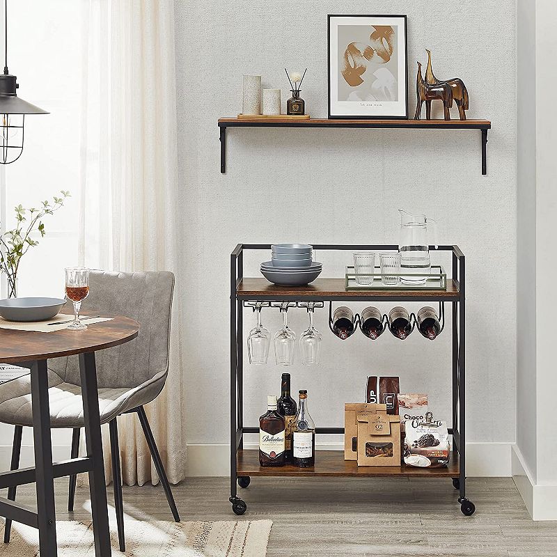 Bar Cart， Serving Cart， Mobile Kitchen Shelf with Glass Stemware Rack and Wine Bottle Holders