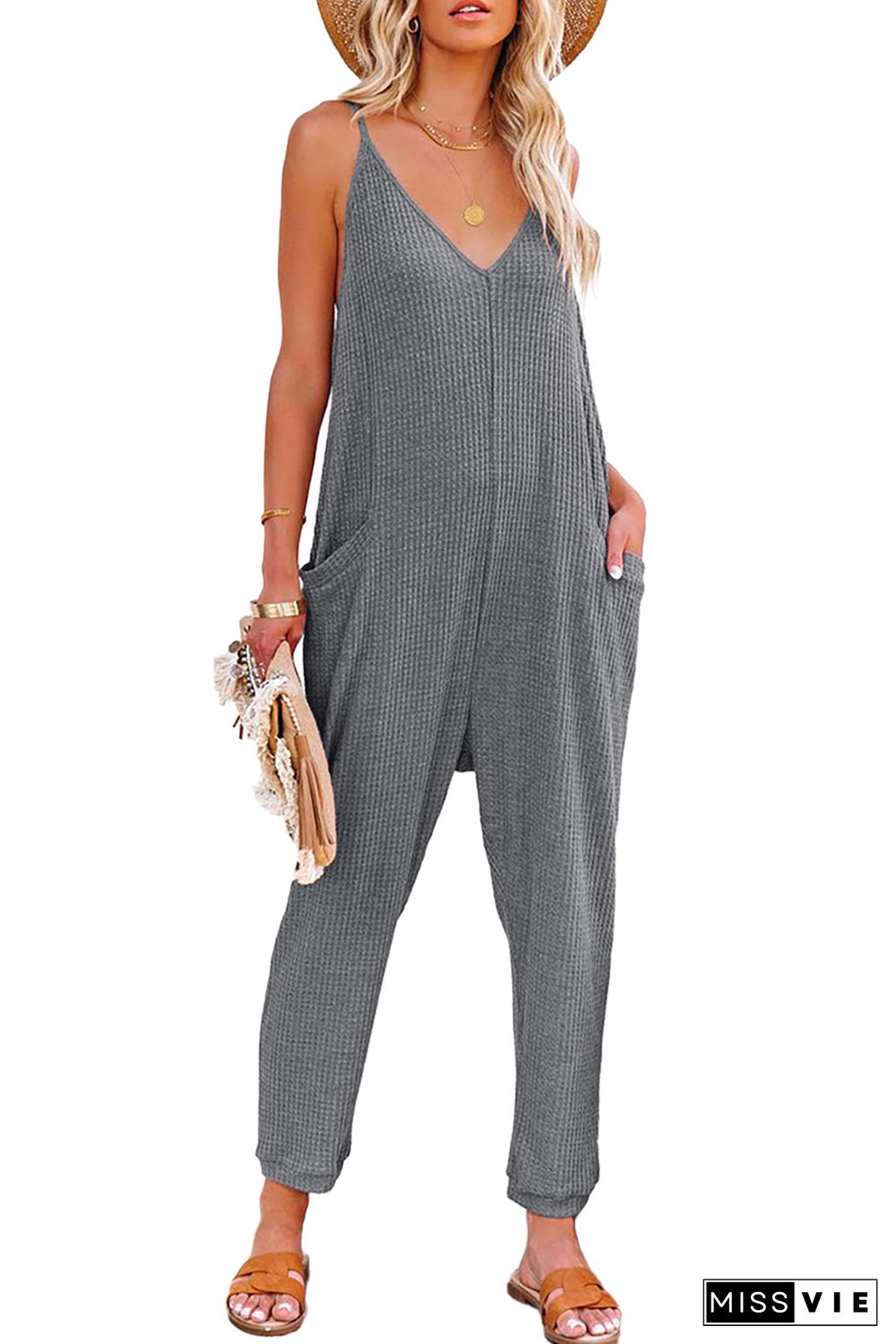 Gray Textured Sleeveless V-Neck Pocketed Casual Jumpsuit