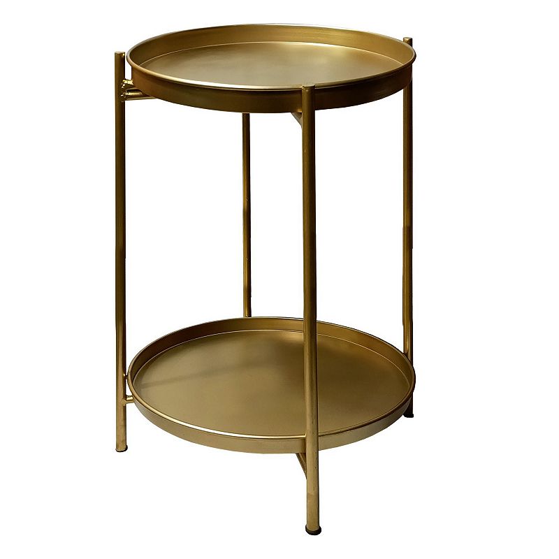 20 Inch High Round Side End Table with 2 Tier Iron Frame， Matte Gold