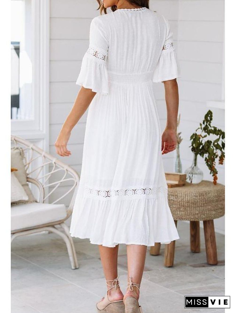 Women's Swing Dress Midi Dress - Half Sleeve Solid Colored Summer Spring & Summer V Neck Beach Vacation Dress