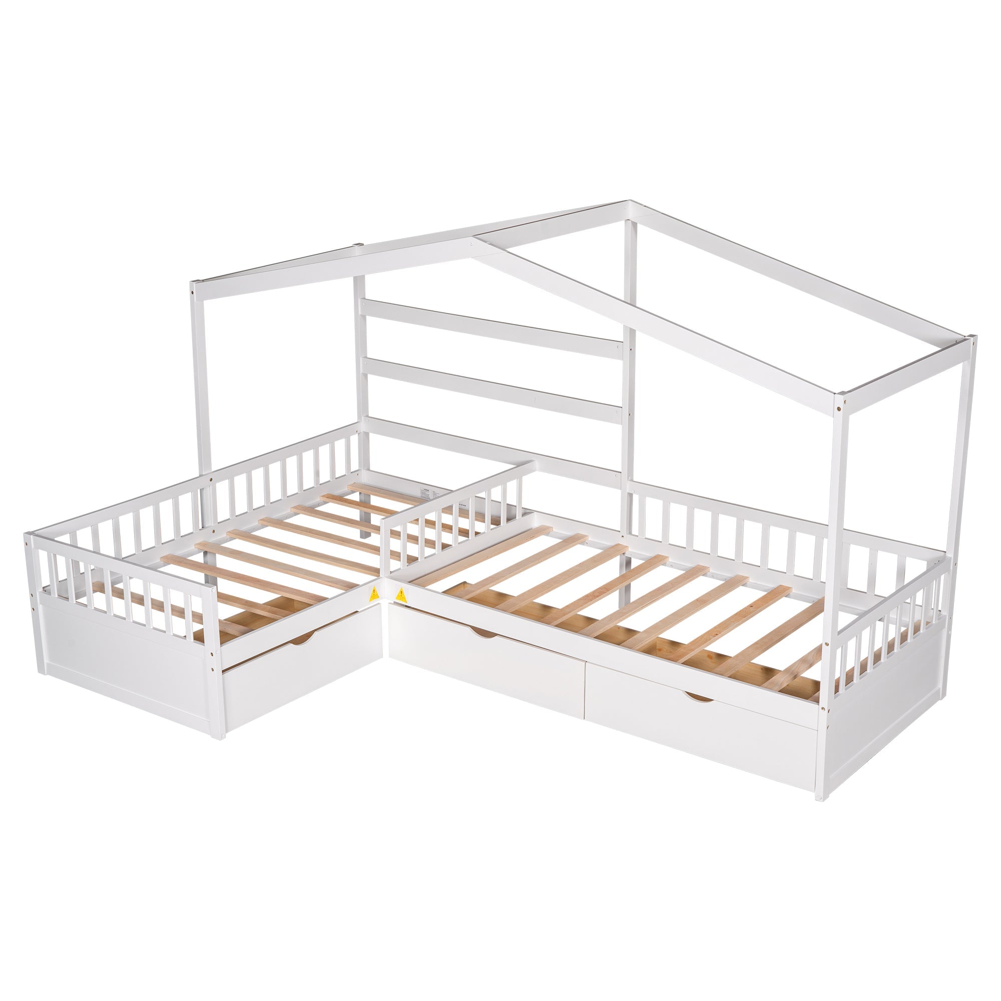 Wood Twin Double House Bed with Three Drawers for Kids, White