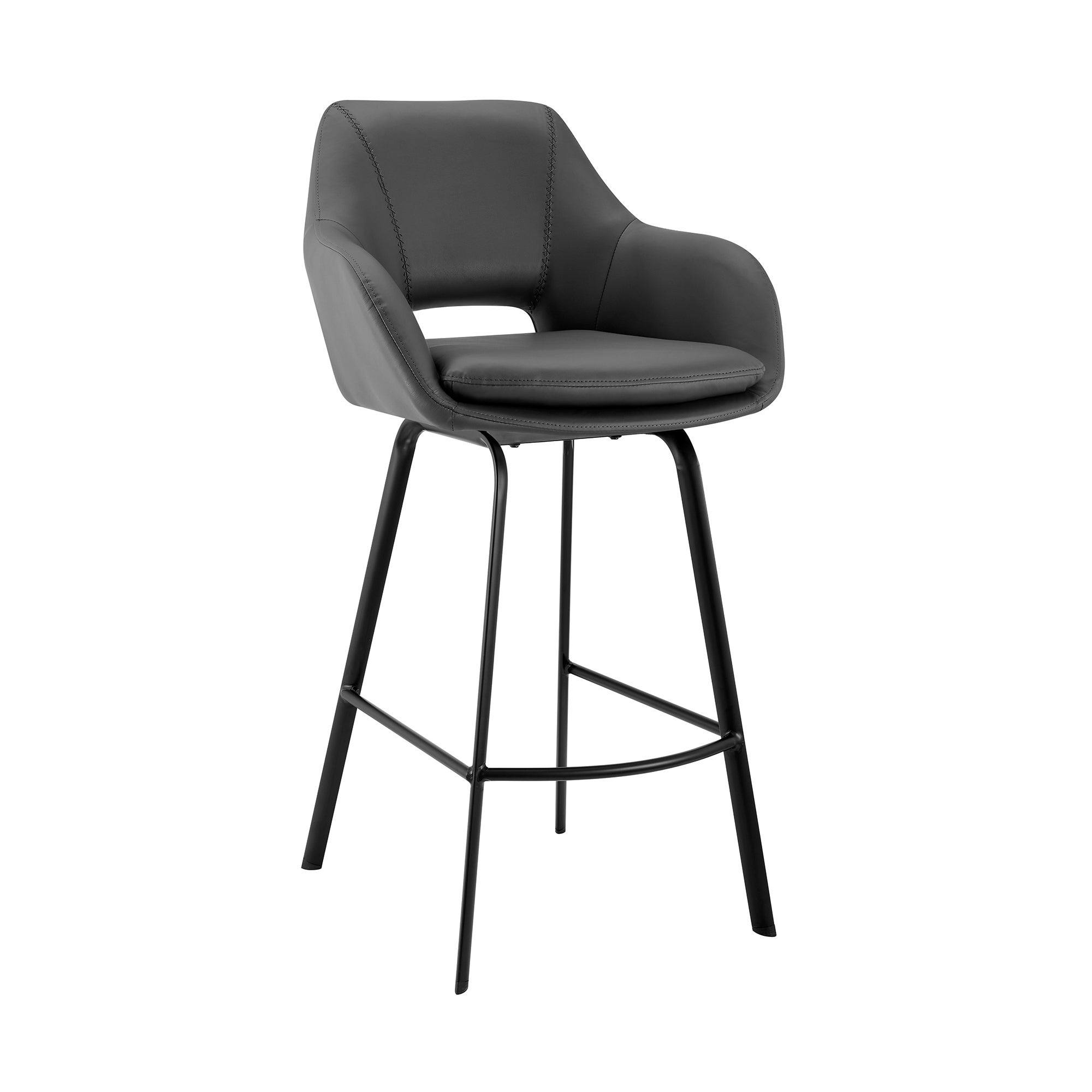 26 Inch Leatherette and Metal Swivel Counter Stool， Black and Gray