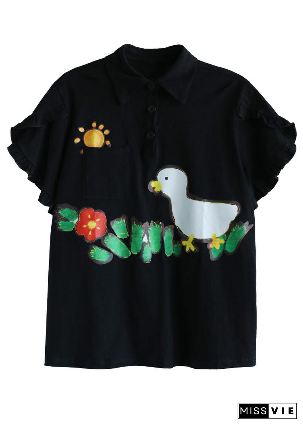 French Black Turn-down Collar Ruffled Character Applique Cotton Shirts Short Sleeve