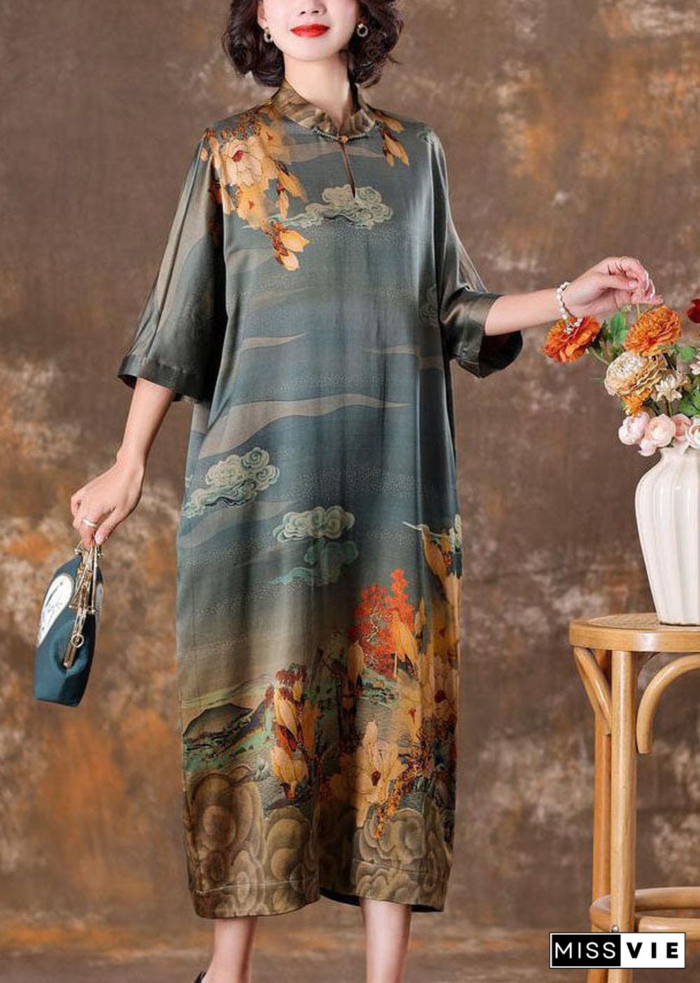 Vintage Grey Mandarin Collar Print Silk Long Dress Caftan Half Sleeve