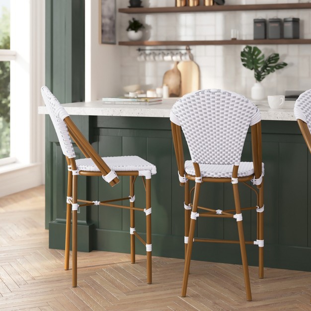 Merrick Lane Set Of Two Indoor outdoor Stacking French Bistro Counter Stools With White And Gray Patterned Seats And Backs amp Bamboo Finished Metal Frames