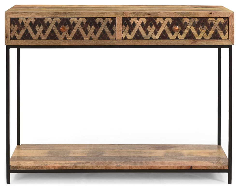 Industrial Console Table  Lower Shelf  amp2 Drawers With Patterned Front  Brown   Transitional   Console Tables   by Decor Love  Houzz