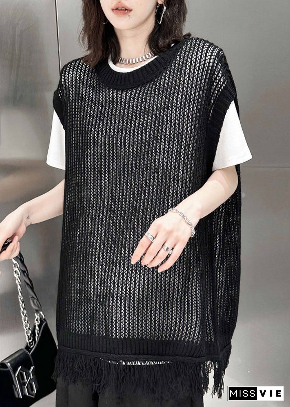 Plus Size Black O Neck Tasseled Patchwork Knitting Cotton Waistcoat Sleeveless