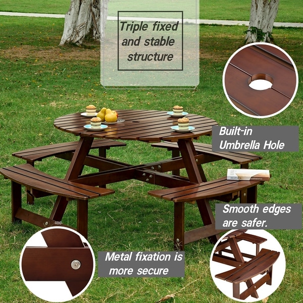 Outdoor 8 Person Picnic Table，8 person Round Picnic Table with 4 Builtin Benches，Umbrella Hole，Outside Table and Bench Set