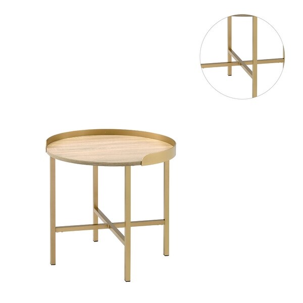 Round Wood End Table Table with Metal Base in Oak and Gold Finish